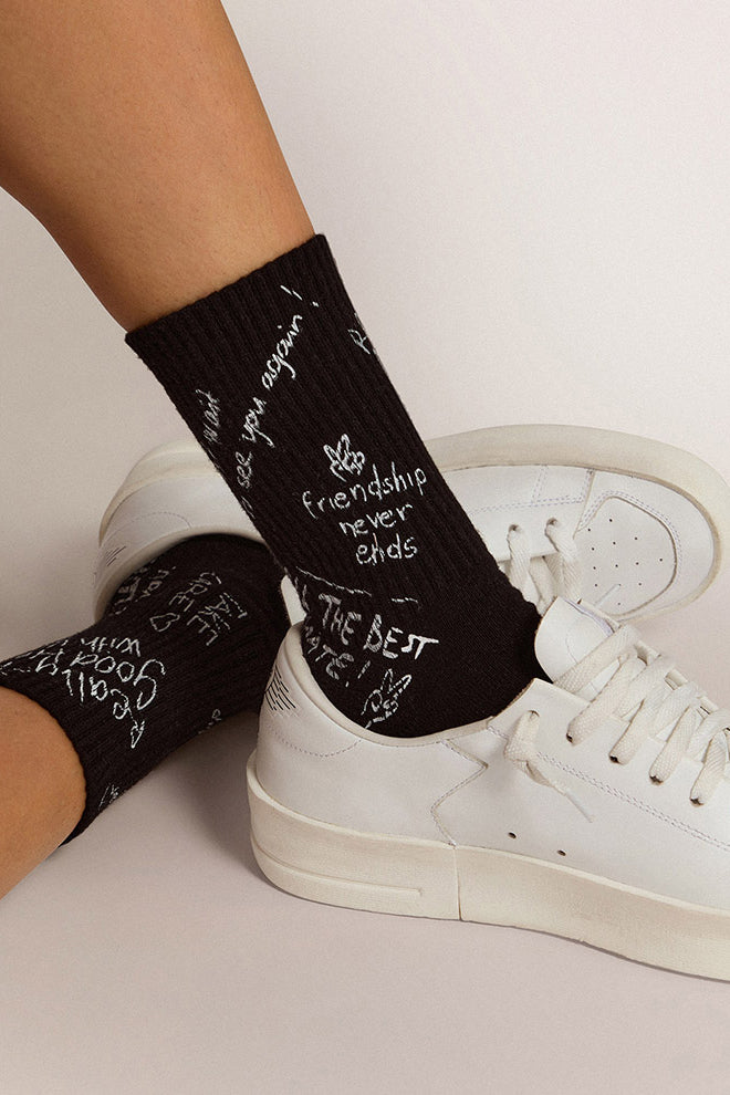 GOLDEN GOOSE BLACK HIGH RIB SOCKS-WHITE LETTERING