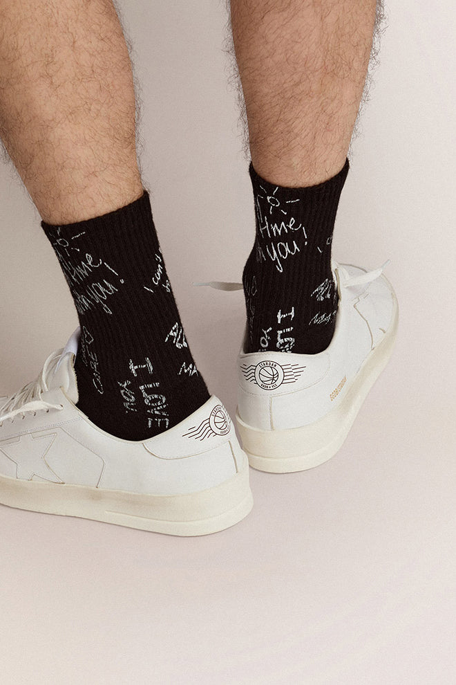 GOLDEN GOOSE BLACK HIGH RIB SOCKS-WHITE LETTERING
