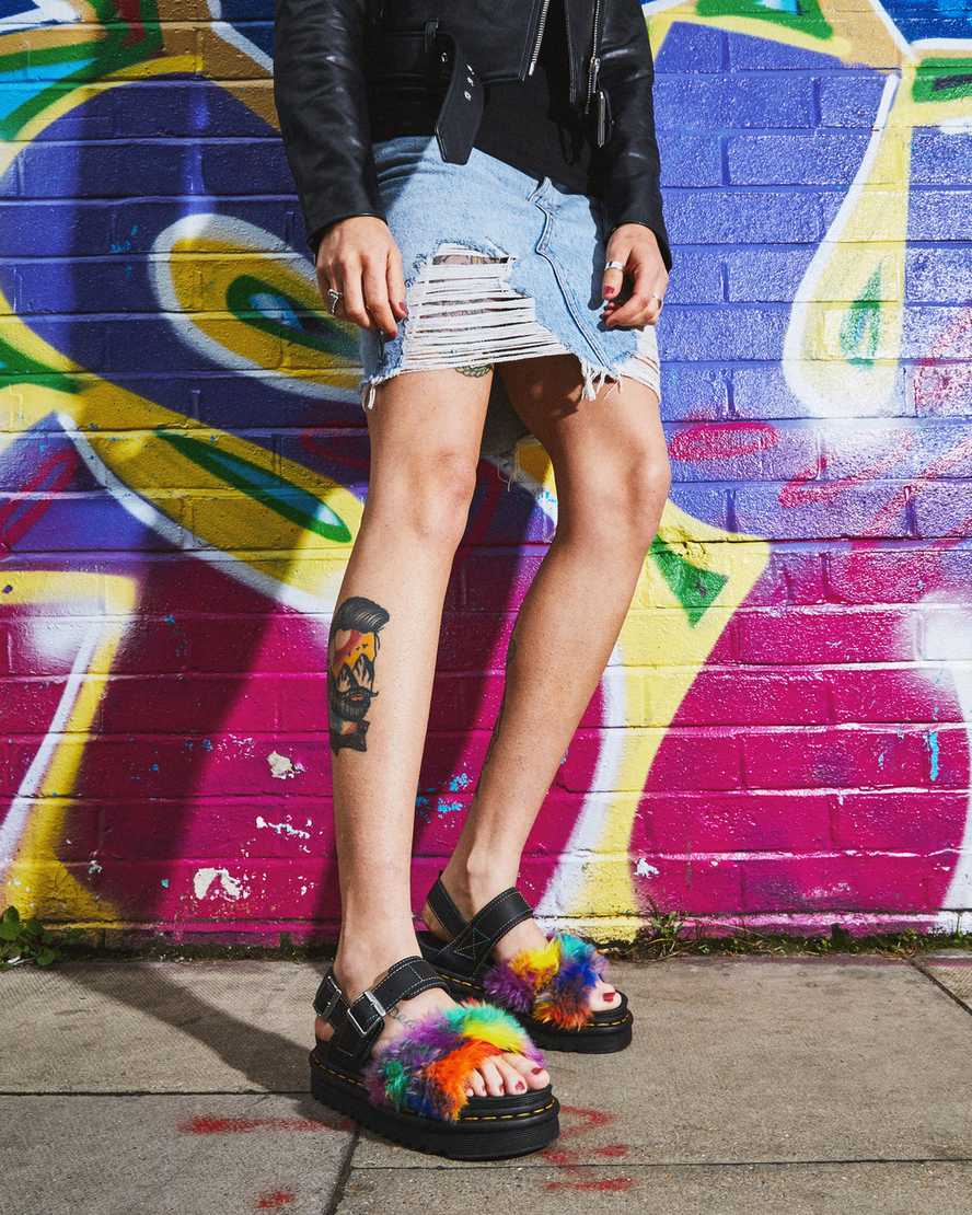 DR. MARTENS VOSS II FLUFFY FAUX FUR STRAP SANDALS