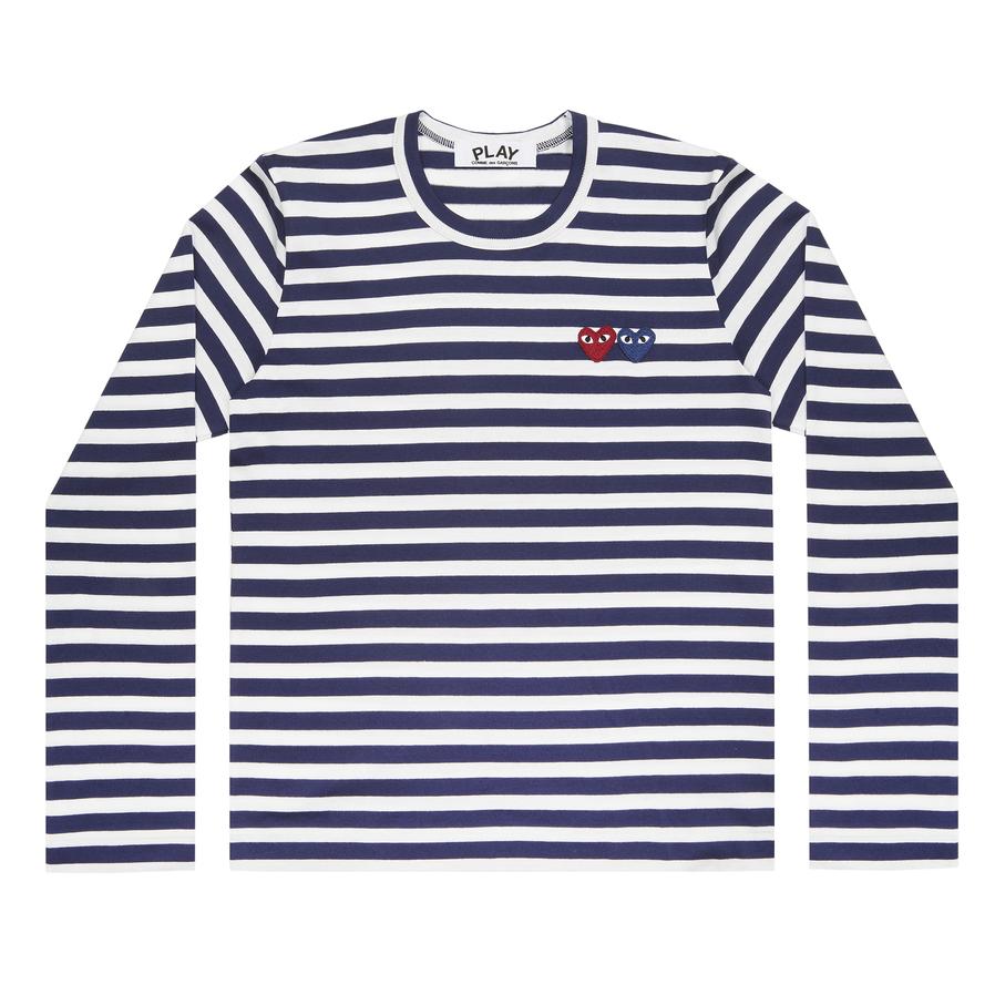Play Comme des Garçons Striped T-Shirt with Double Heart (Navy/White)